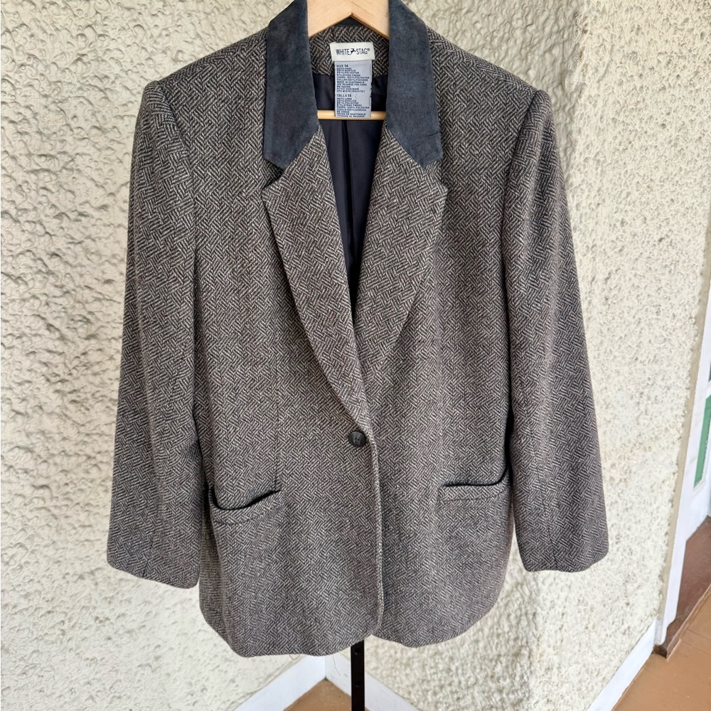 VTG White Stag Gray Tweed Blazer w/ Velvet Collar sz14